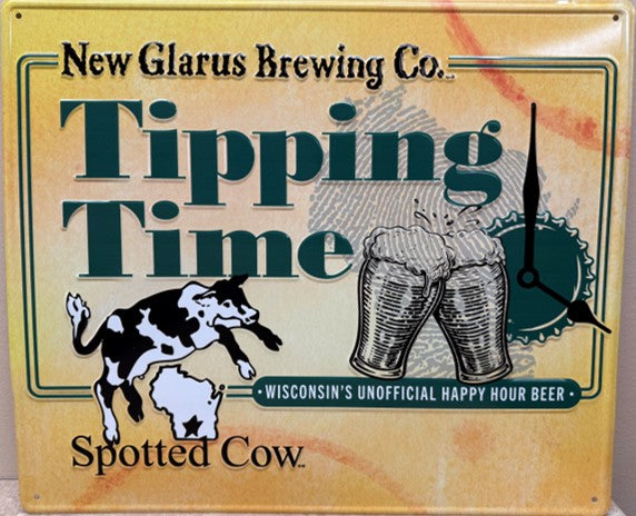 Yellow Sign with New Glarus Brewing Co. in black with green etched box, Tipping Time in Green with the Spotted Cow Logo. 