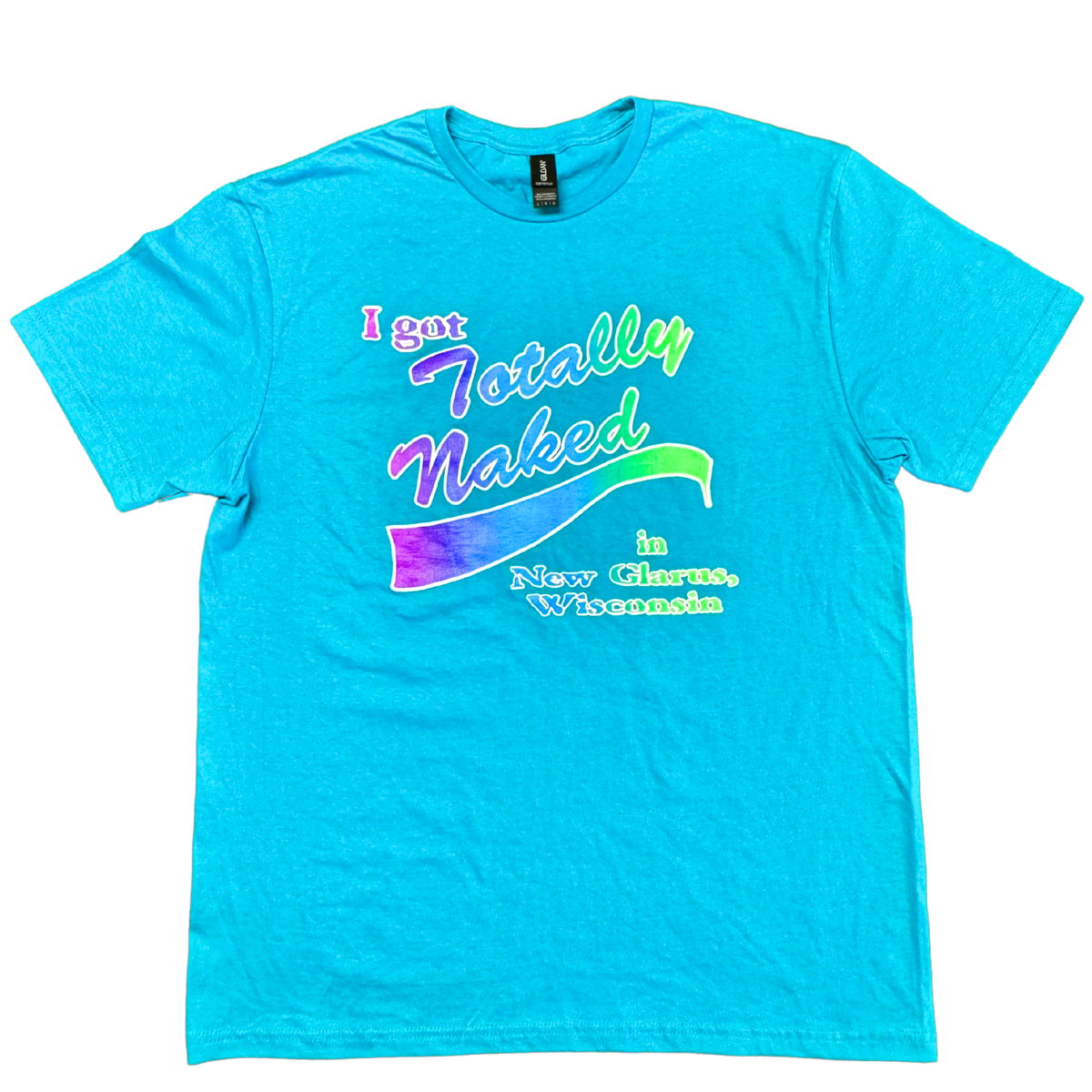 Soft style t-shirt in Caribbean Blue with the Totally Naked logo on the front in white, green, columbia, and purple