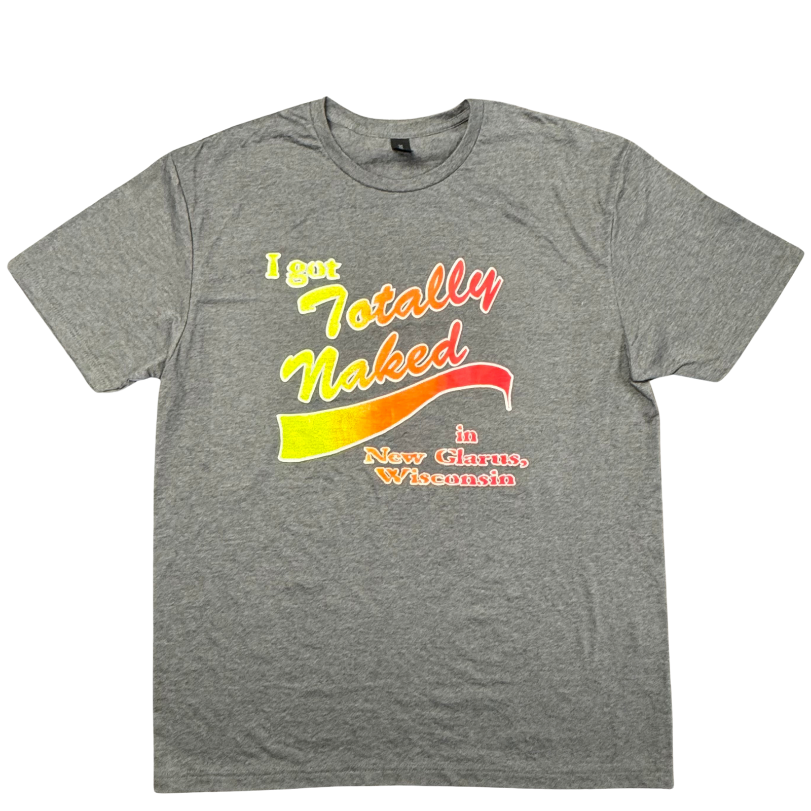 Soft style t-shirt in graphite gray with the Totally Naked logo on the front in white, red, orange, and yellow