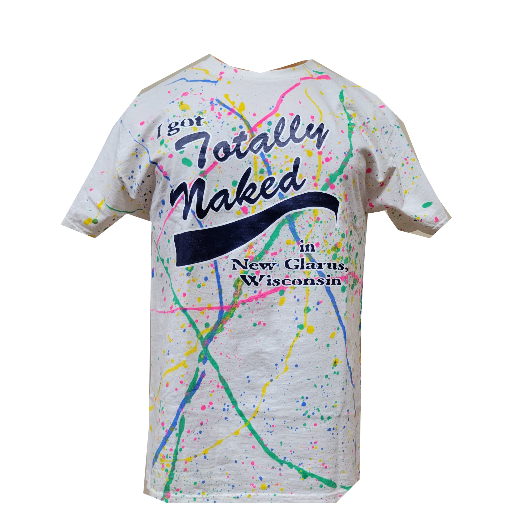 White paint splattered t-shirt with New Glarus Brewing Co. Totally Naked logo on front in navy blue