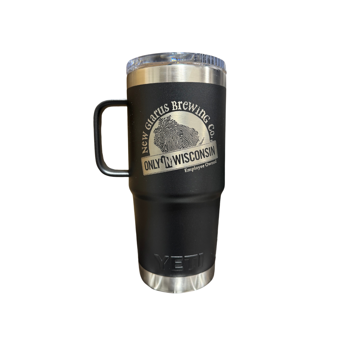 20oz. black yeti travel mug with New Glarus Brewing Co.&#39;s Only in Wisconsin logo on front in silver.