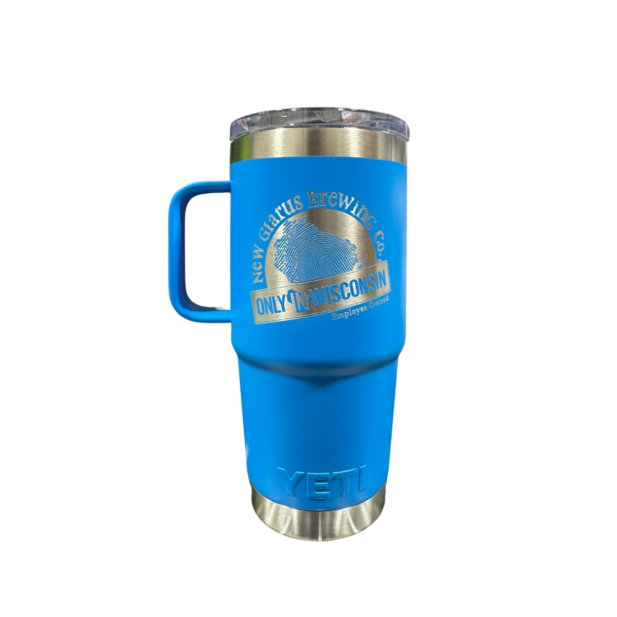 20oz. blue yeti travel mug with New Glarus Brewing Co.&#39;s Only in Wisconsin logo on front in silver.