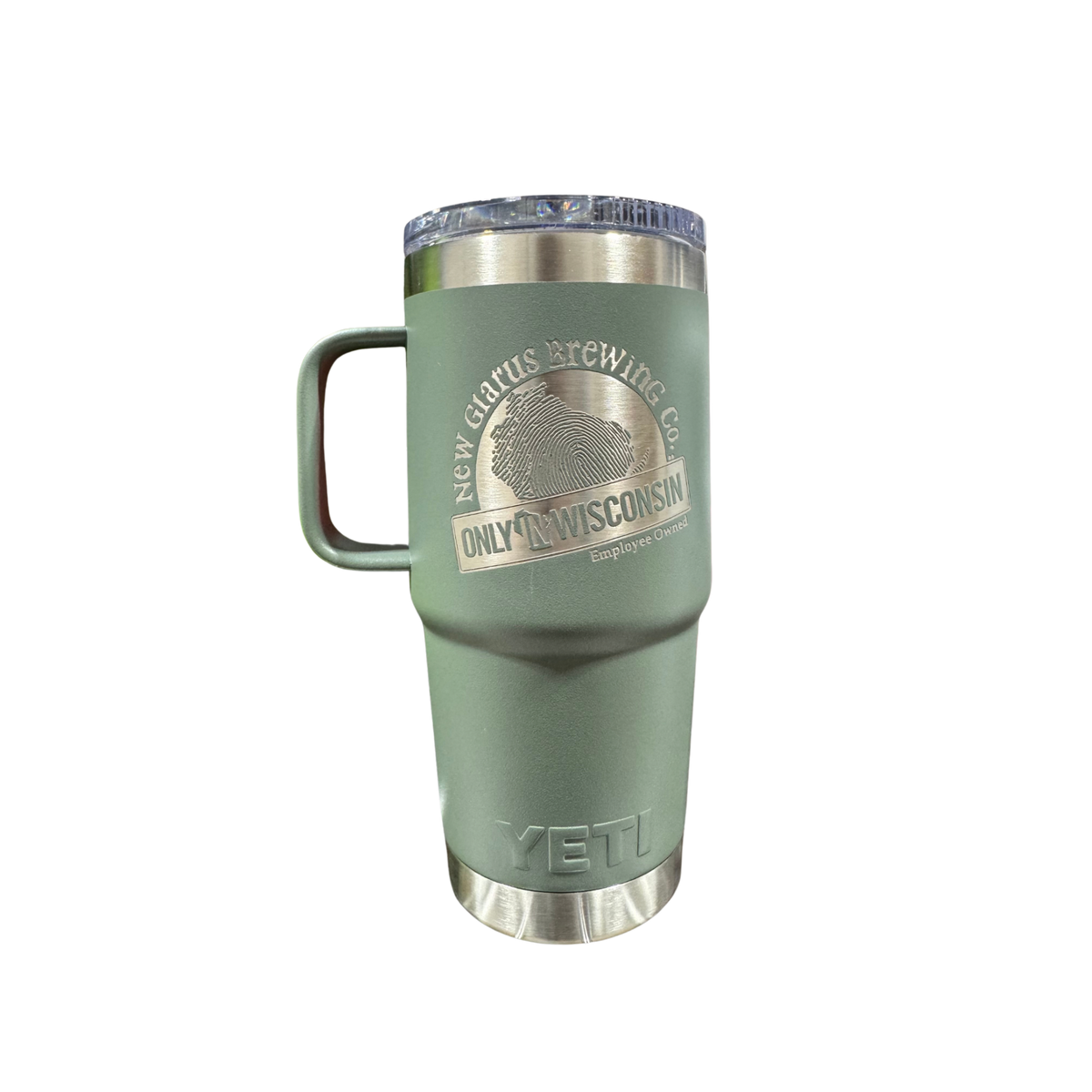 20oz. green yeti travel mug with New Glarus Brewing Co.&#39;s Only in Wisconsin logo on front in silver.