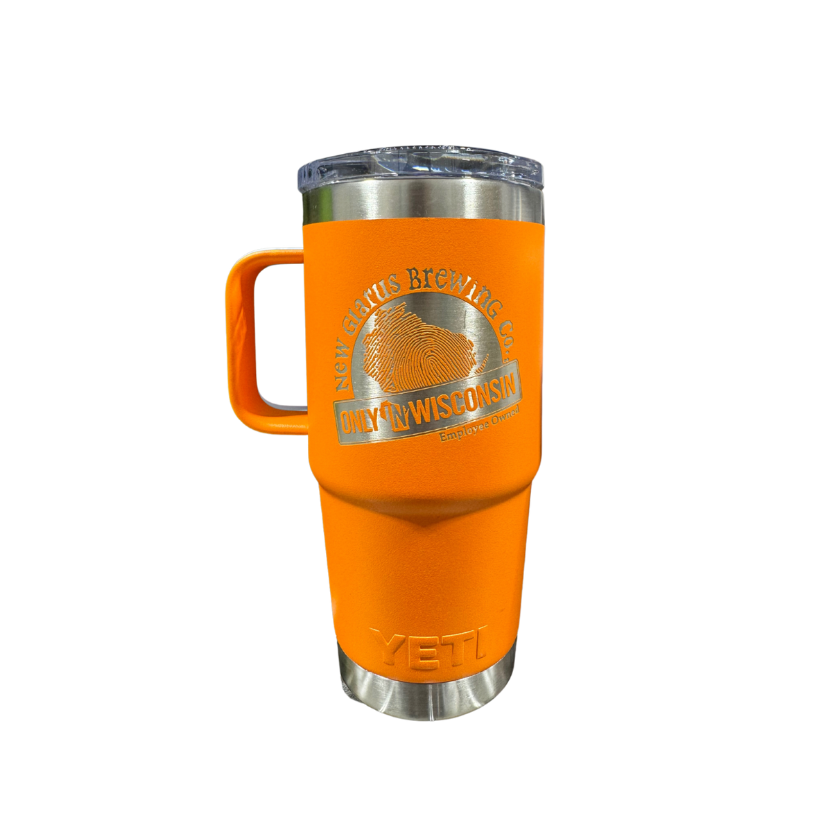 20oz. orange  yeti travel mug with New Glarus Brewing Co.&#39;s Only in Wisconsin logo on front in silver.