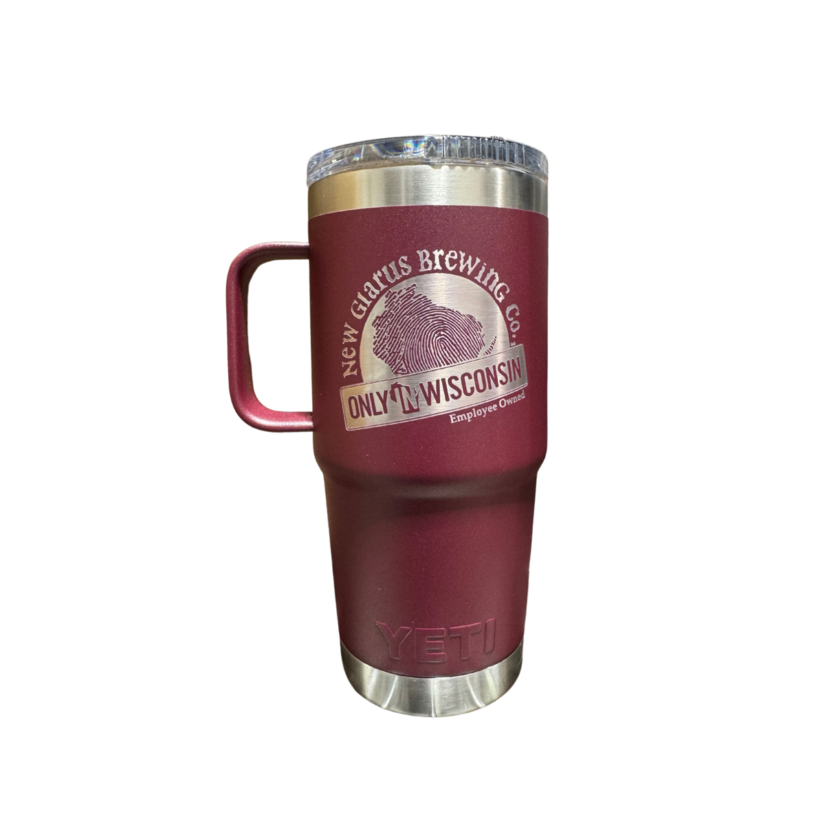 20oz. purple yeti travel mug with New Glarus Brewing Co.&#39;s Only in Wisconsin logo on front in silver.