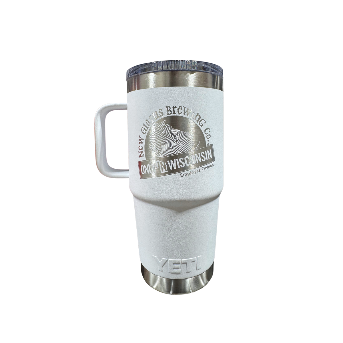 20oz. white yeti travel mug with New Glarus Brewing Co.&#39;s Only in Wisconsin logo on front in silver.