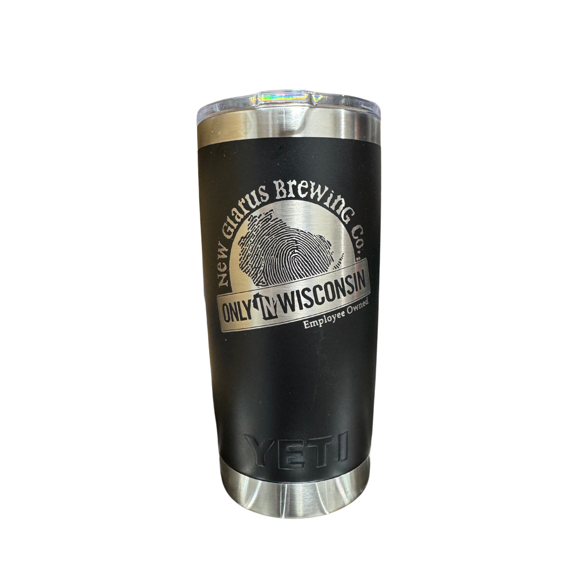 20oz. black Yeti tumbler with New Glarus Brewing Co.&#39;s Only in Wisconsin logo in silver.