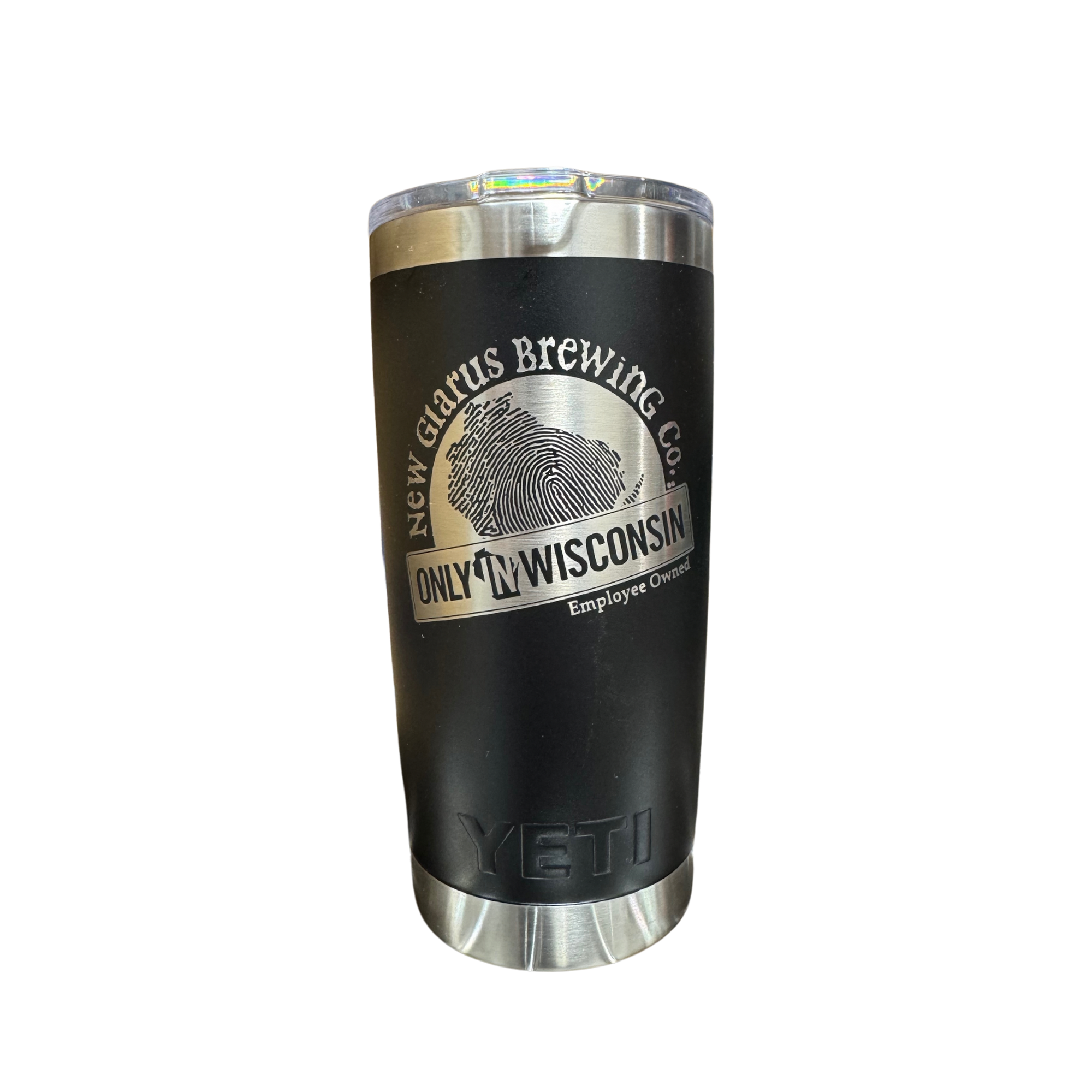 20oz. black Yeti tumbler with New Glarus Brewing Co.'s Only in Wisconsin logo in silver.