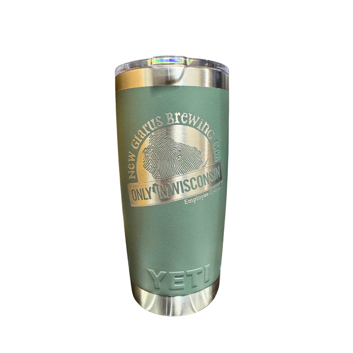 20oz. green Yeti tumbler with New Glarus Brewing Co.&#39;s Only in Wisconsin logo in silver.