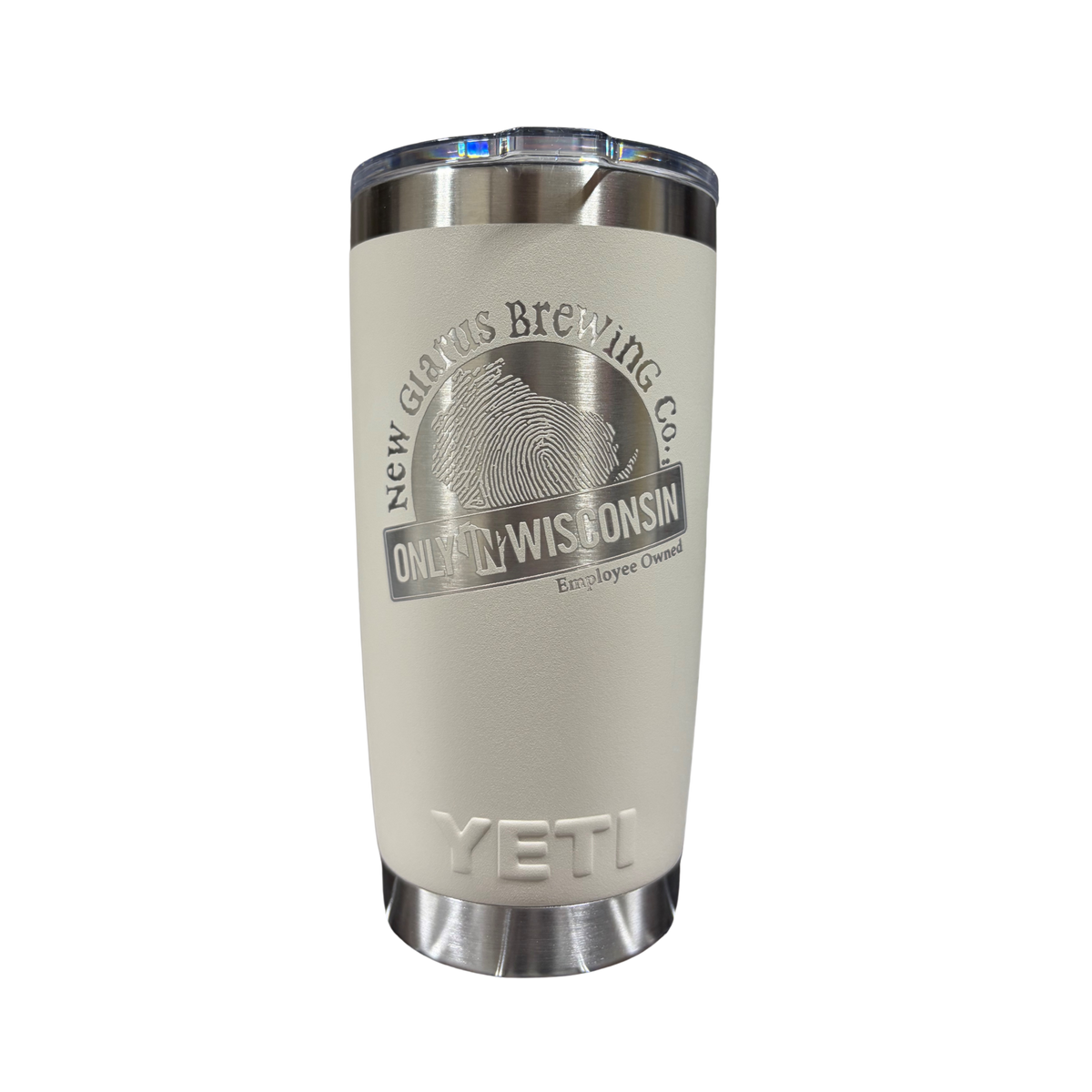 20oz. Cream yeti tumbler with New Glarus Brewing Co.'s Only in Wisconsin logo in silver.
