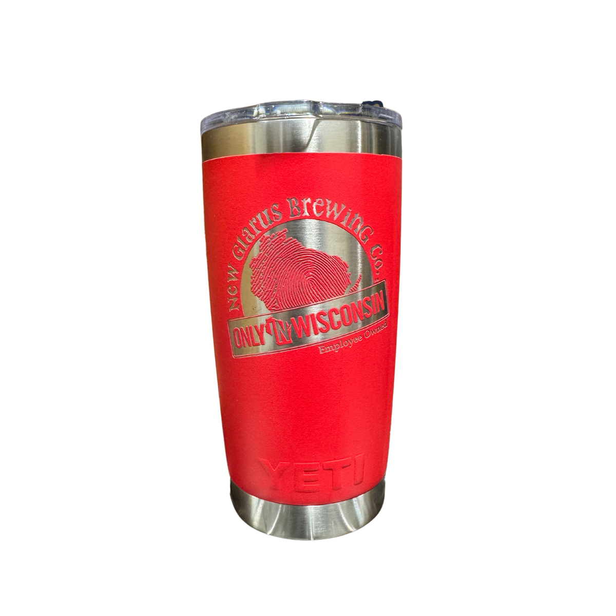 20oz. red Yeti tumbler with New Glarus Brewing Co.&#39;s Only in Wisconsin logo in silver.