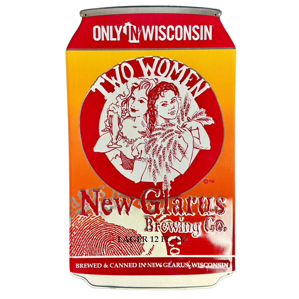 Can shaped tin taker with New Glarus Brewing Co. Two Women logo