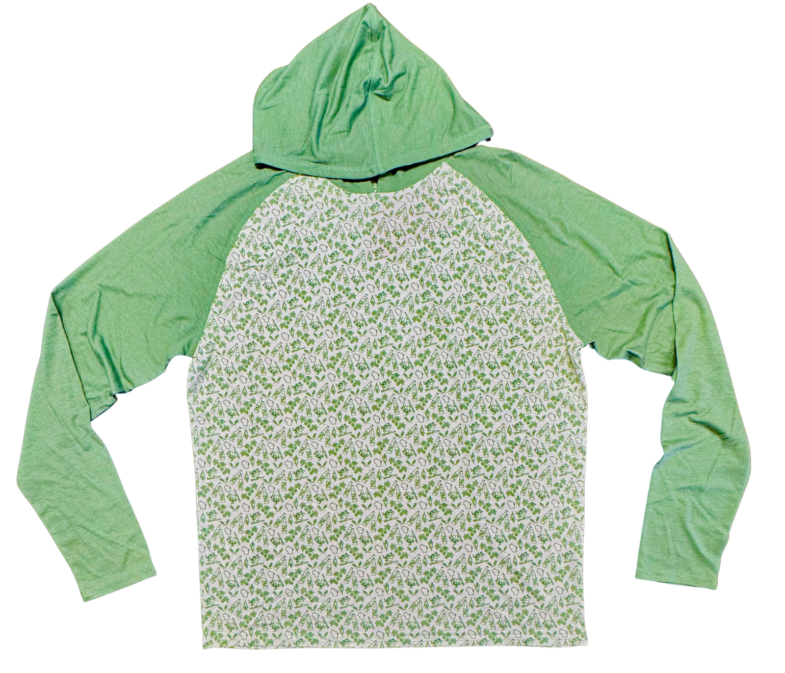 Lightweight long sleeve with two-tone color of green and yellow with spotted cow and Wisconsin logo design. 
