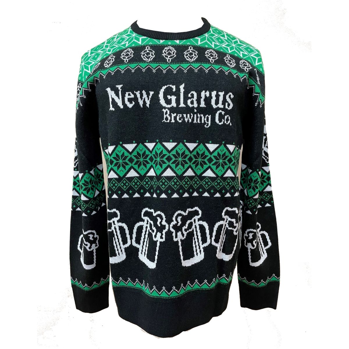 Green and black sweater with New Glarus Brewing Co. logo in white on front, and mugs of beer in white on bottom front