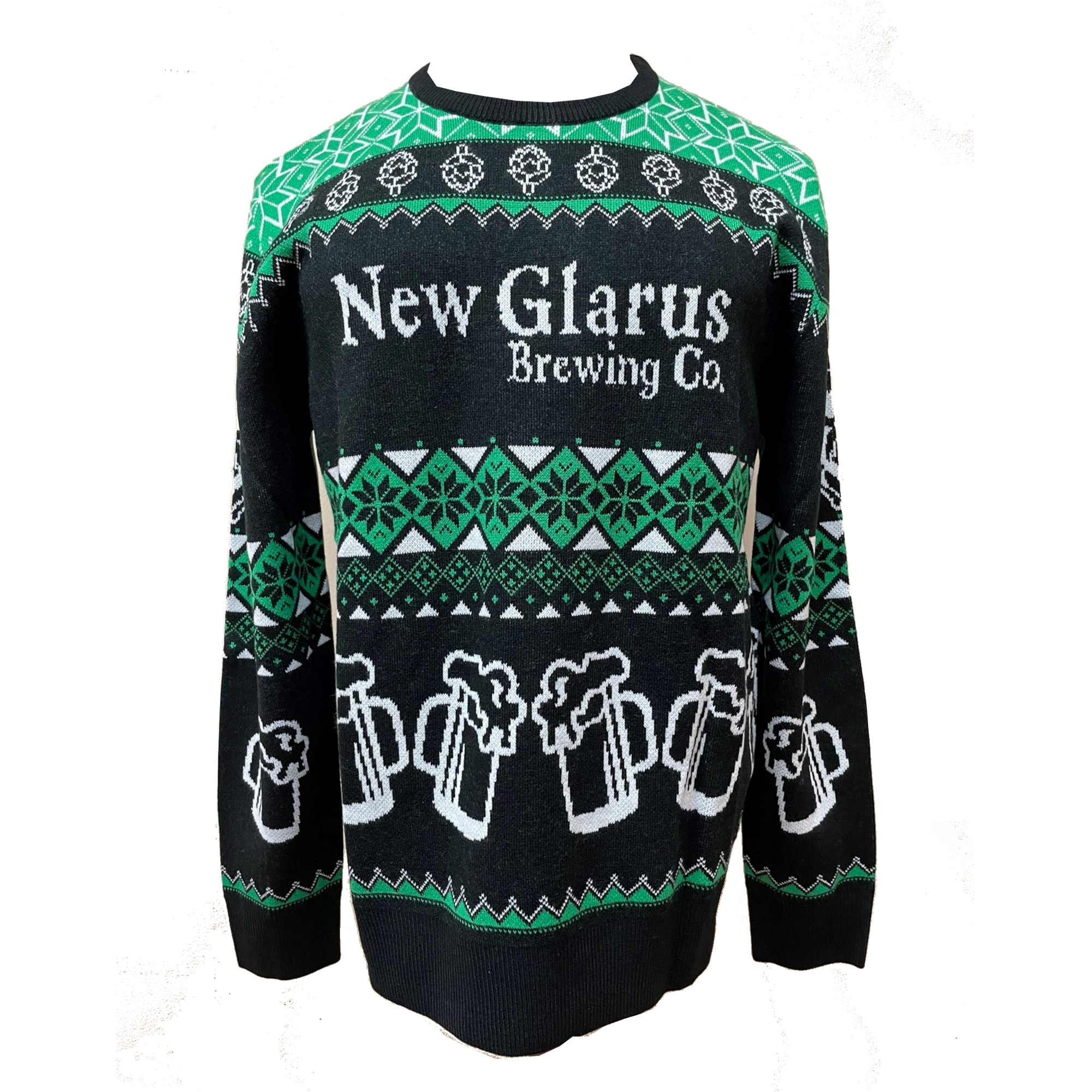 Green and black sweater with New Glarus Brewing Co. logo in white on front, and mugs of beer in white on bottom front