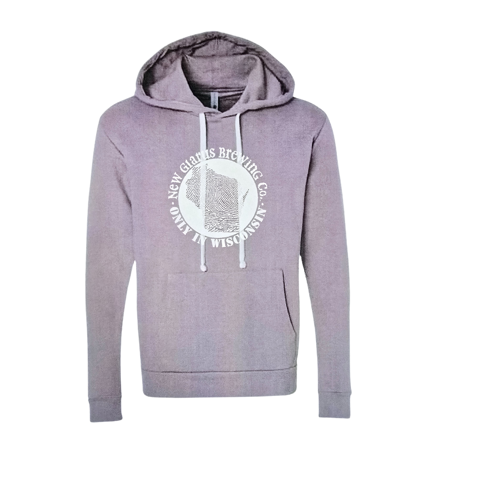 Shitake colored hoodie with New Glarus Brewing company Only in Wisconsin round logo on the front in white