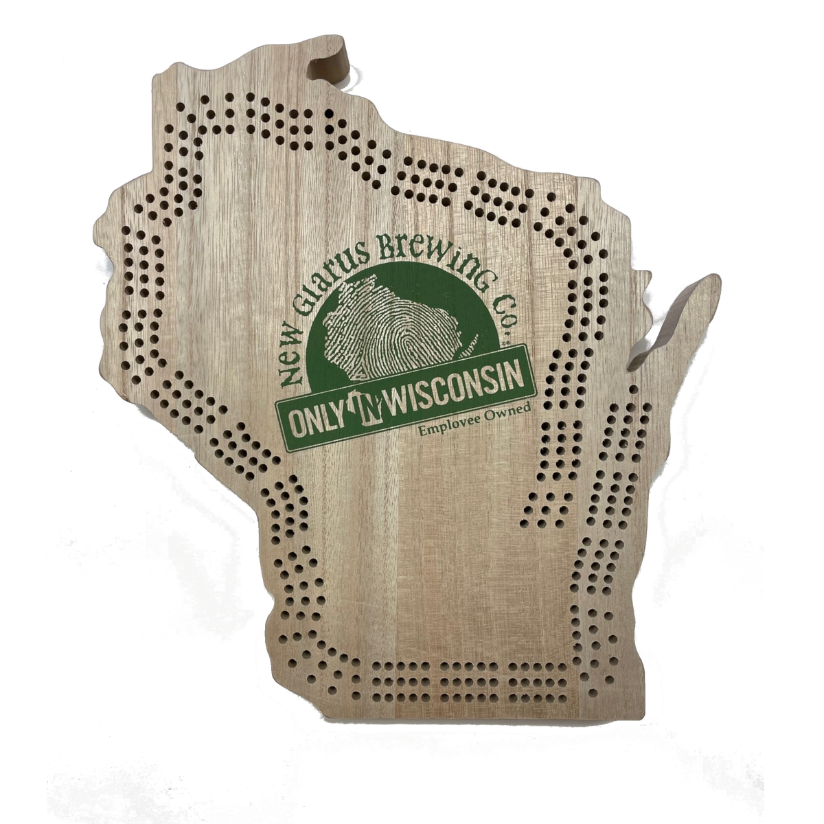 Wisconsin shaped wooden cribbage board, with New Glarus Brewing Co. Only in Wisconsin logo on front in green.