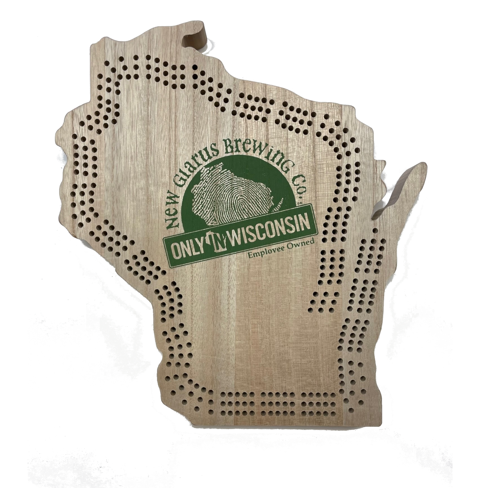 Wisconsin shaped wooden cribbage board, with New Glarus Brewing Co. Only in Wisconsin logo on front in green.