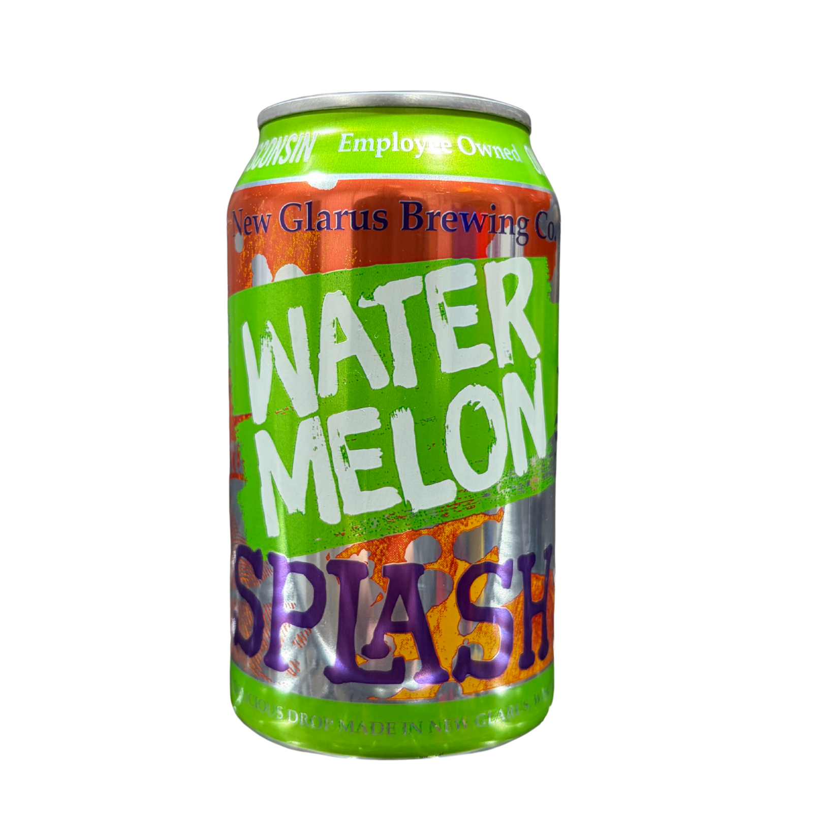 Can of Watermelon Fruit Splash beer by New Glarus Brewing Co. on a white background