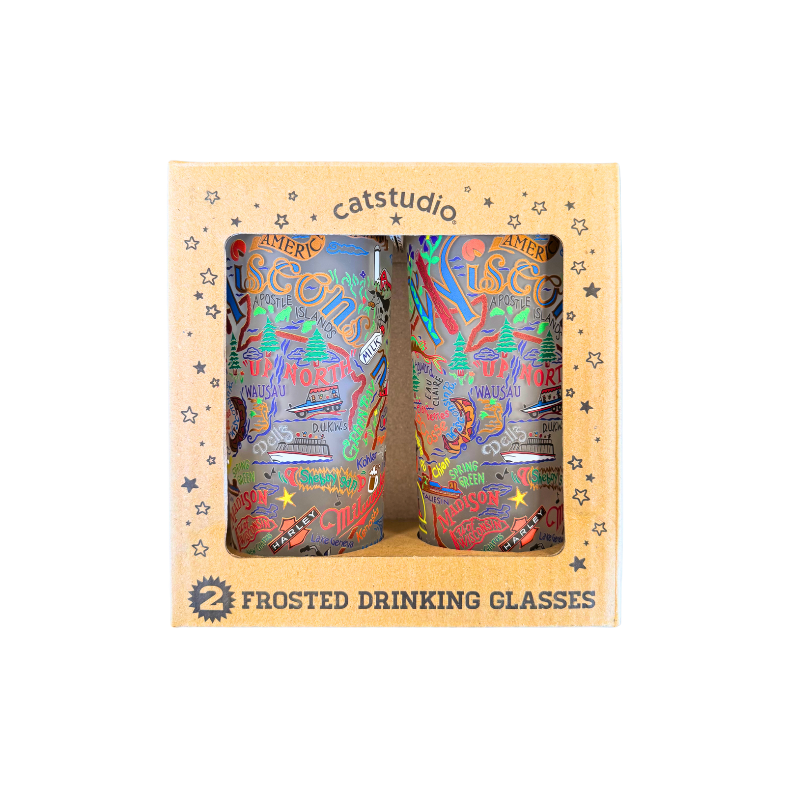 Two pack of 15oz. Wisconsin Frosted glasses featuring the fun stuff you can do in the state.
