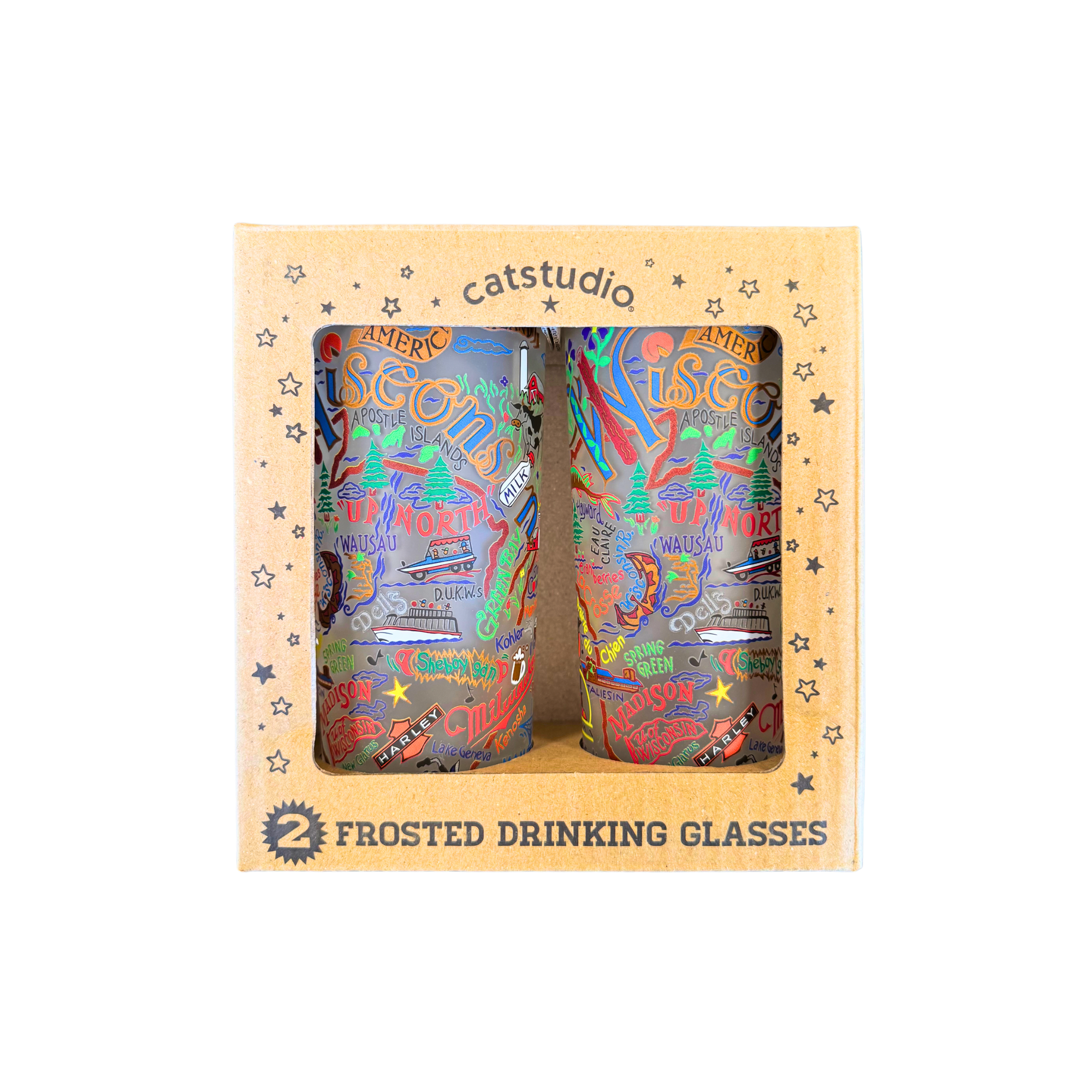 Two pack of 15oz. Wisconsin Frosted glasses featuring the fun stuff you can do in the state.