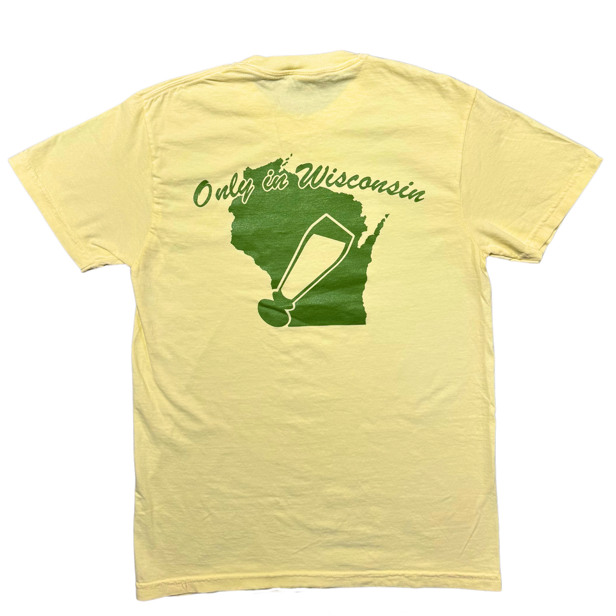 Comfort Colors yellow 100% cotton t-shirt, New Glarus Brewing Co. Only in Wisconsin logo above the state of Wisconsin in cursive, and our signature pilsner glass inside the state in green.