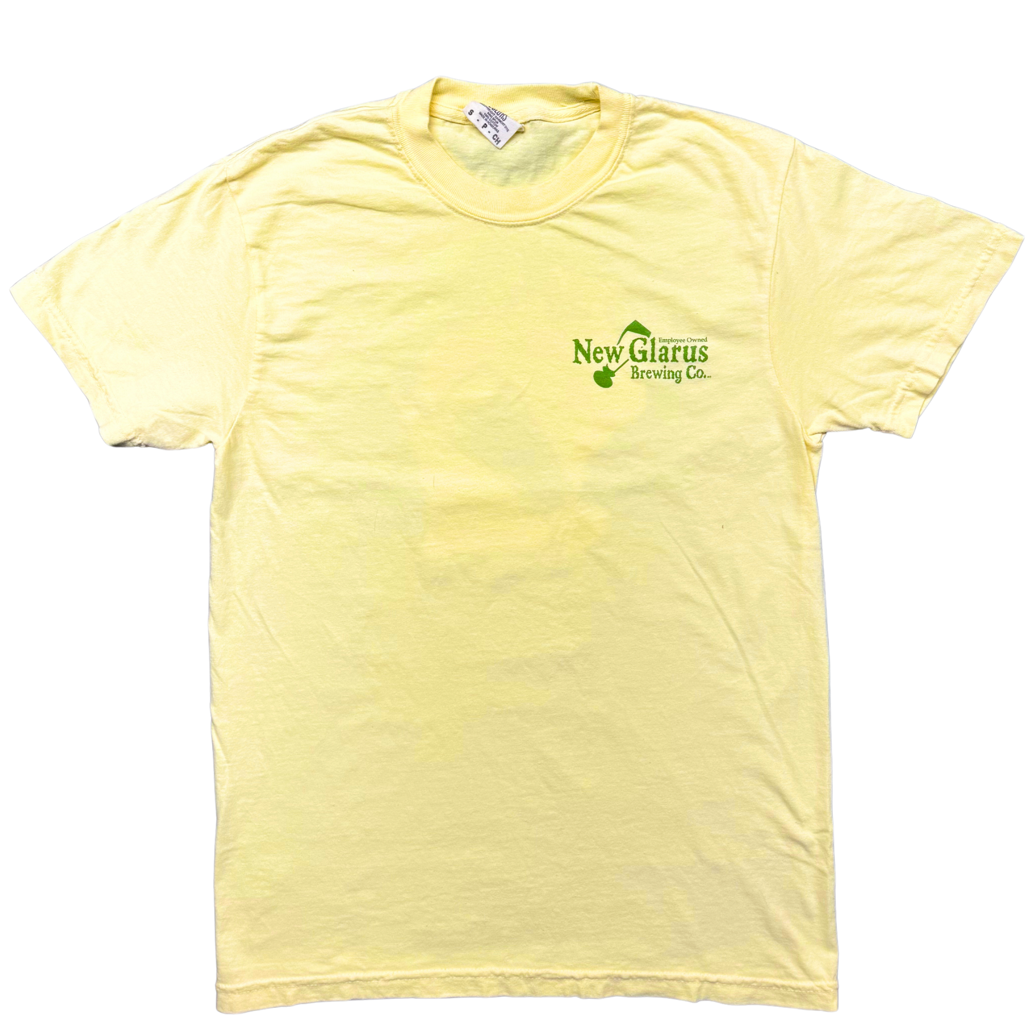 Comfort Colors yellow 100% cotton t-shirt, New Glarus Brewing Co. logo, and our signature pilsner glass on front left chest in green.