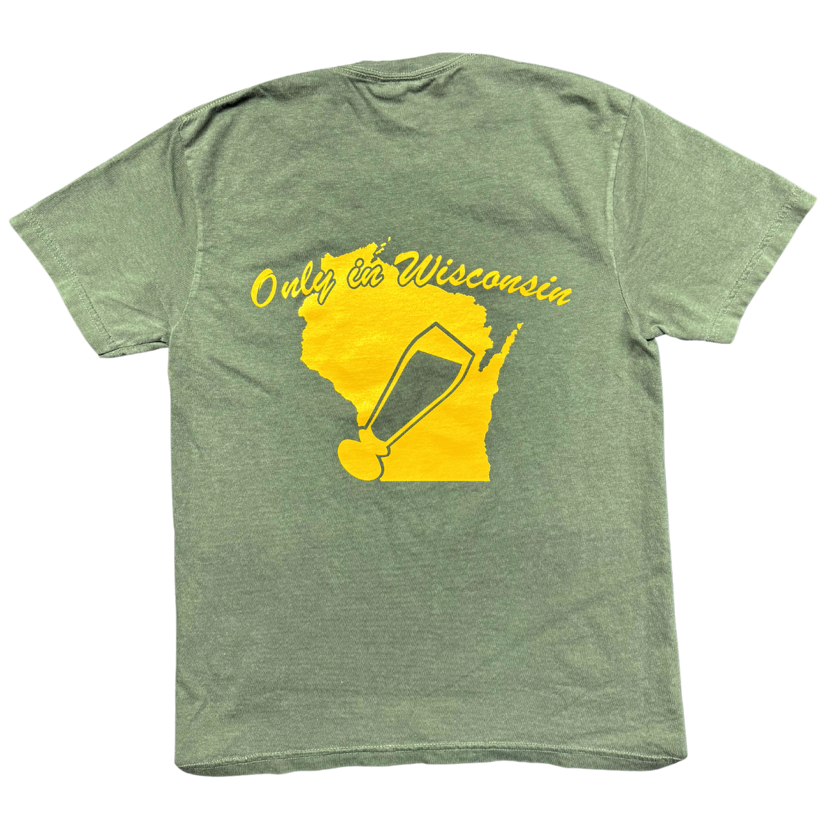 Comfort Colors green 100% cotton t-shirt, New Glarus Brewing Co. Only in Wisconsin logo above the state of Wisconsin in cursive, and our signature pilsner glass inside the state in yellow.