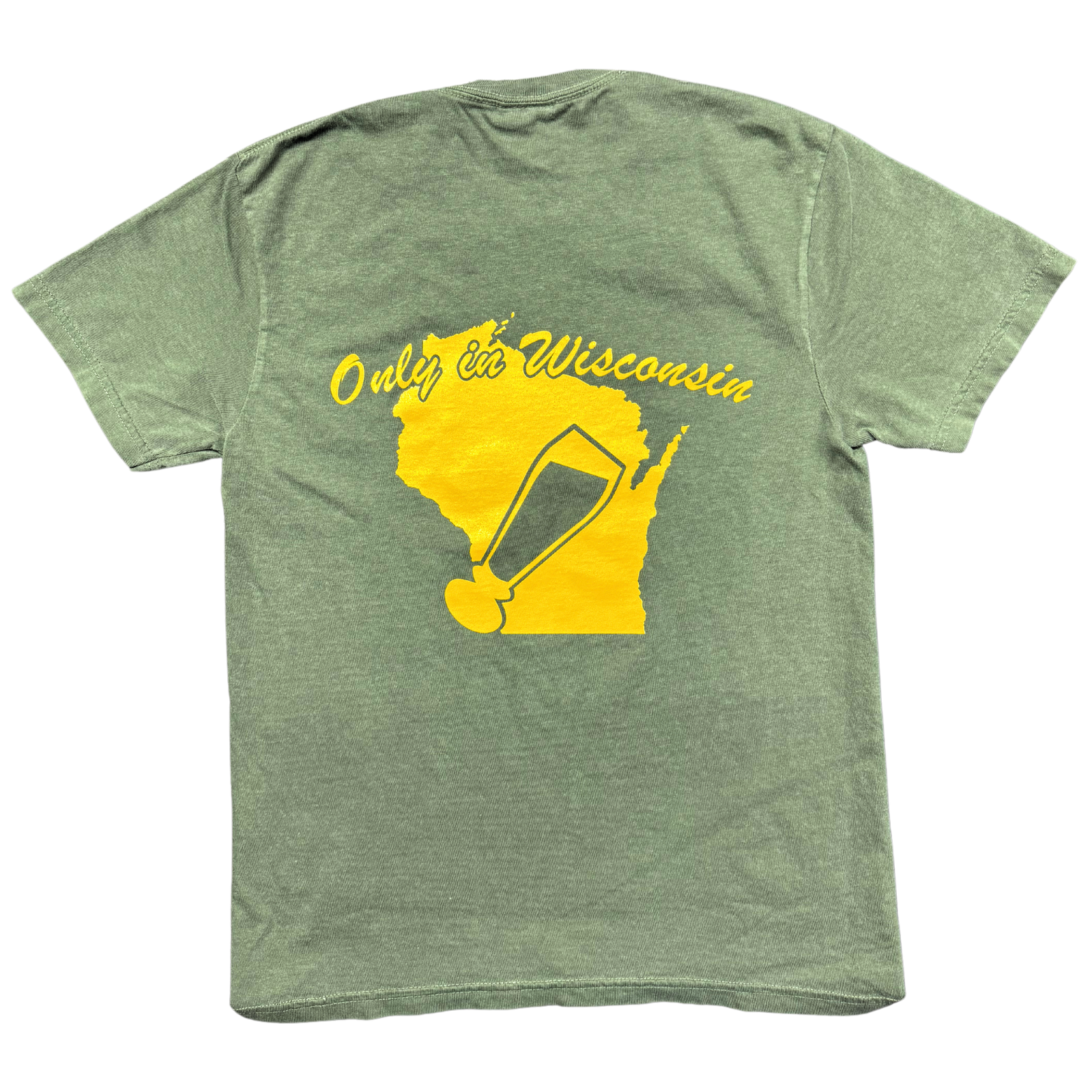 Comfort Colors green 100% cotton t-shirt, New Glarus Brewing Co. Only in Wisconsin logo above the state of Wisconsin in cursive, and our signature pilsner glass inside the state in yellow.