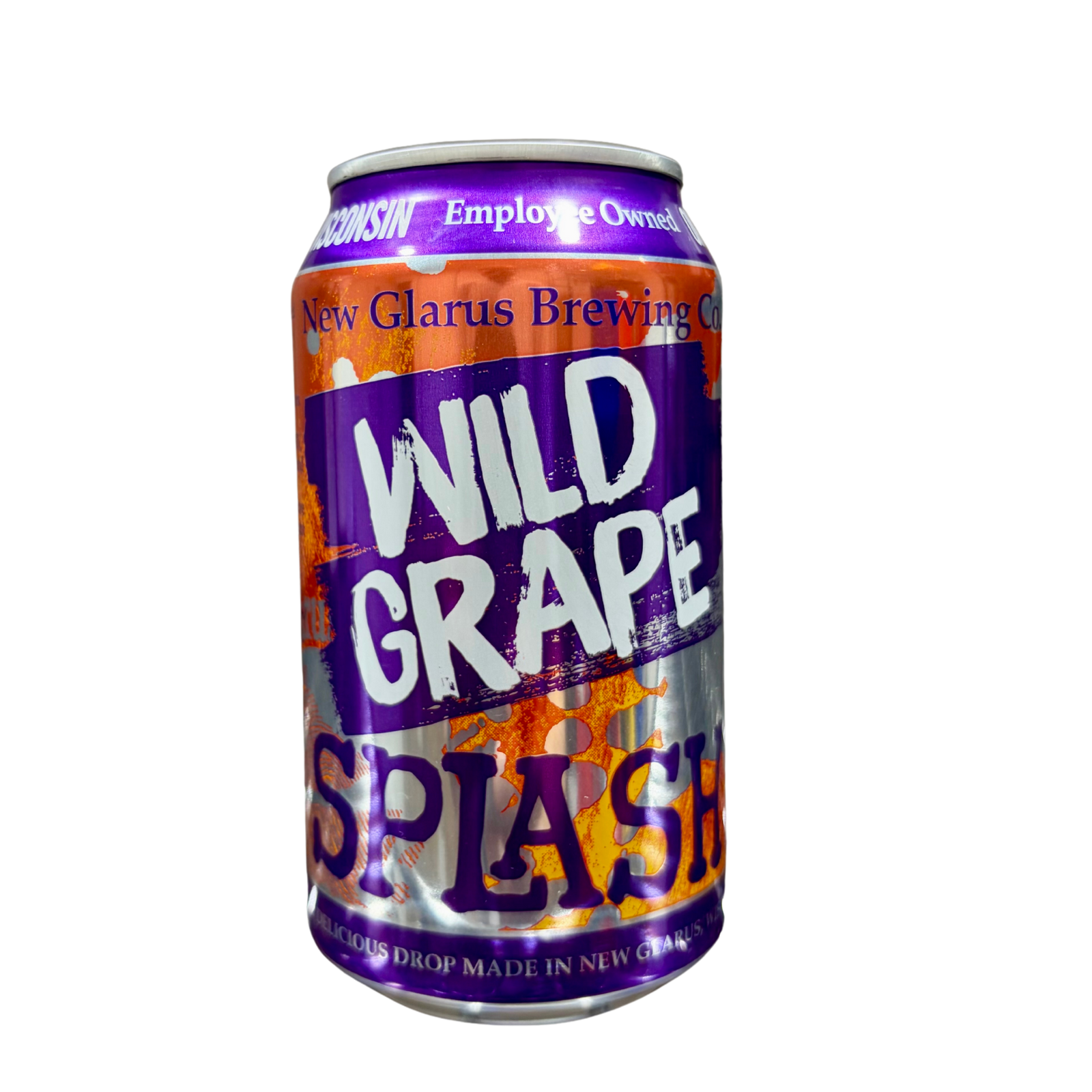 Can of Wild Grape Splash beer by New Glarus Brewing Co. on a white background