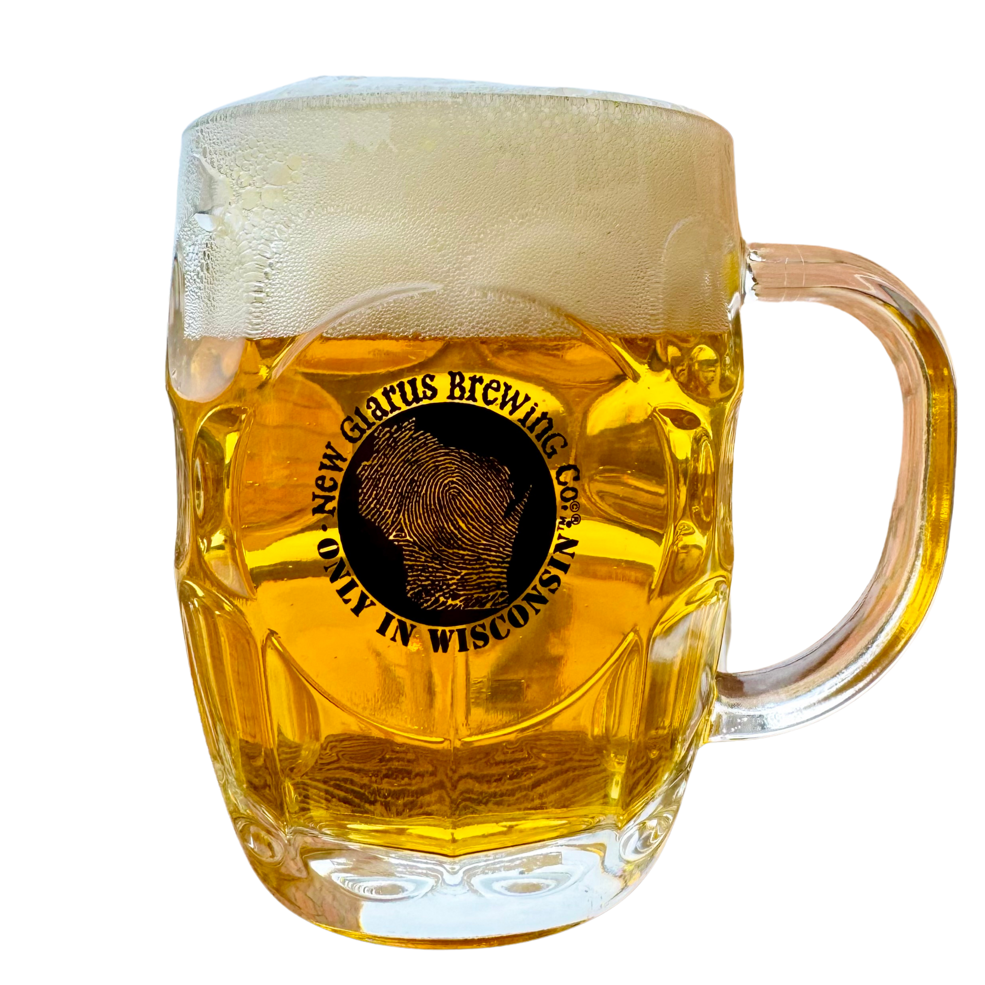 20oz. Britannia Mug, with dimples featuring our New Glarus Brewing Co. Only in Wisconsin logo in black