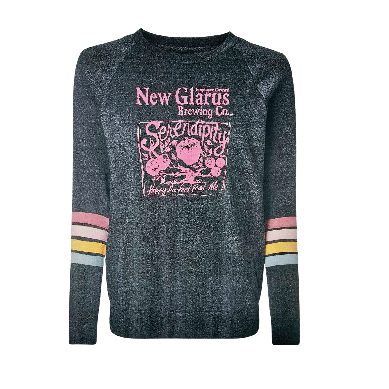 Charcoal gray women's sweatshirt with pink, yellow, and blue stripes on the sleeve with our Serendipity logo in pink on the front