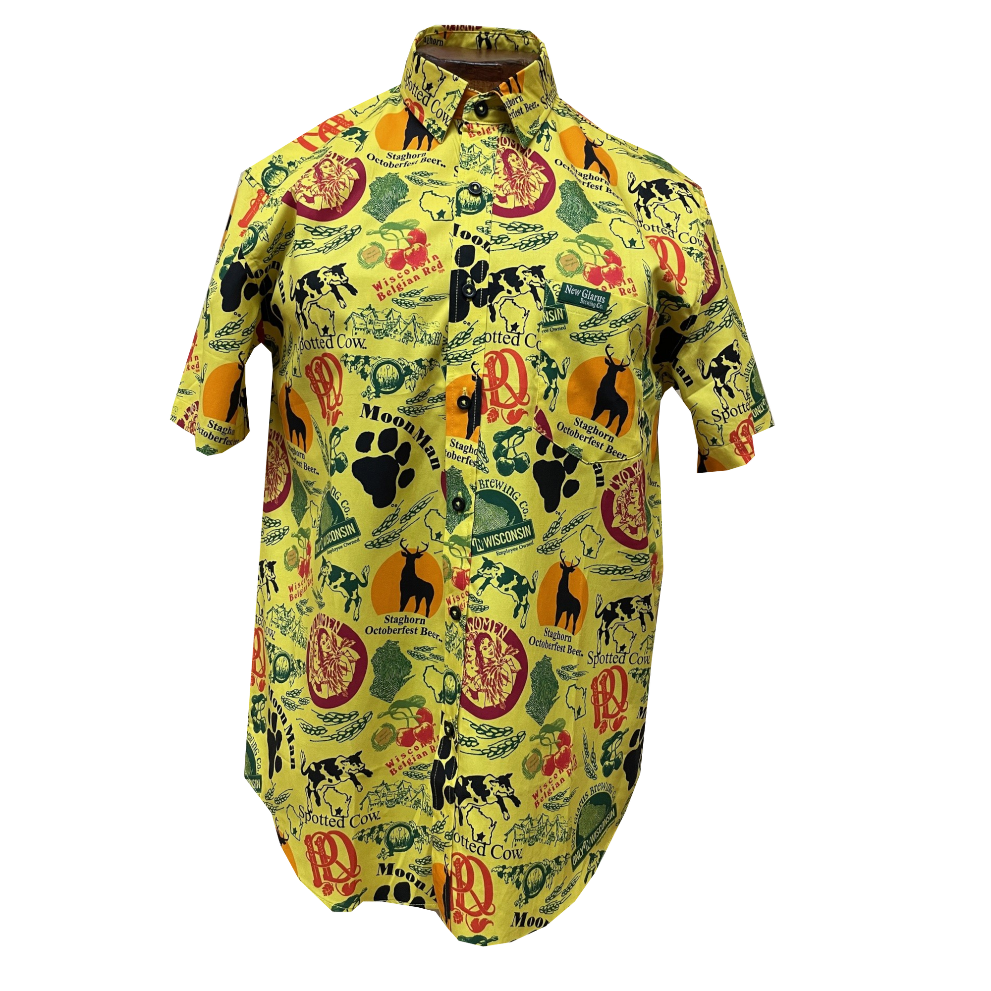 Bright yellow short sleeve button up shirt. It features logos of all the most popular beers we make in black, green, red and yellow ink.
