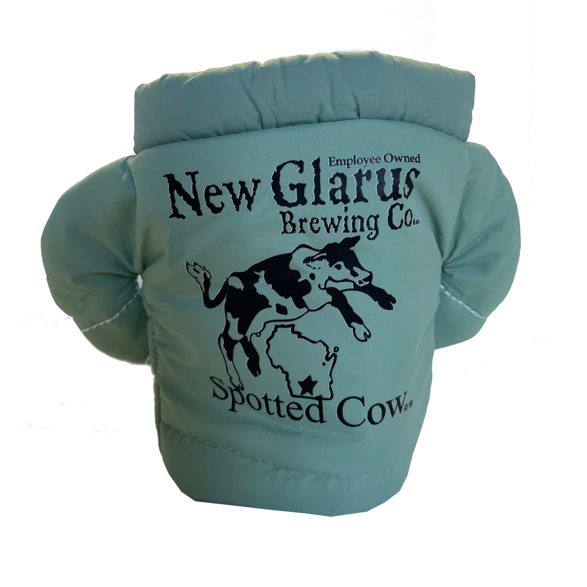 Light blue Jacket coozie with the Spotted Cow logo in black on the back.