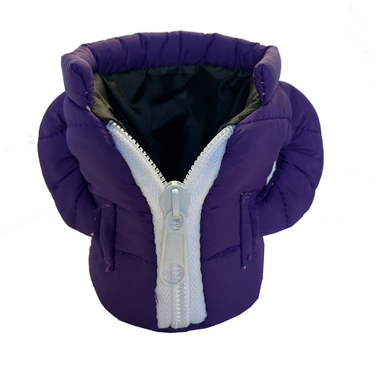 Purple jacket coozie that show the front with a white zipper.