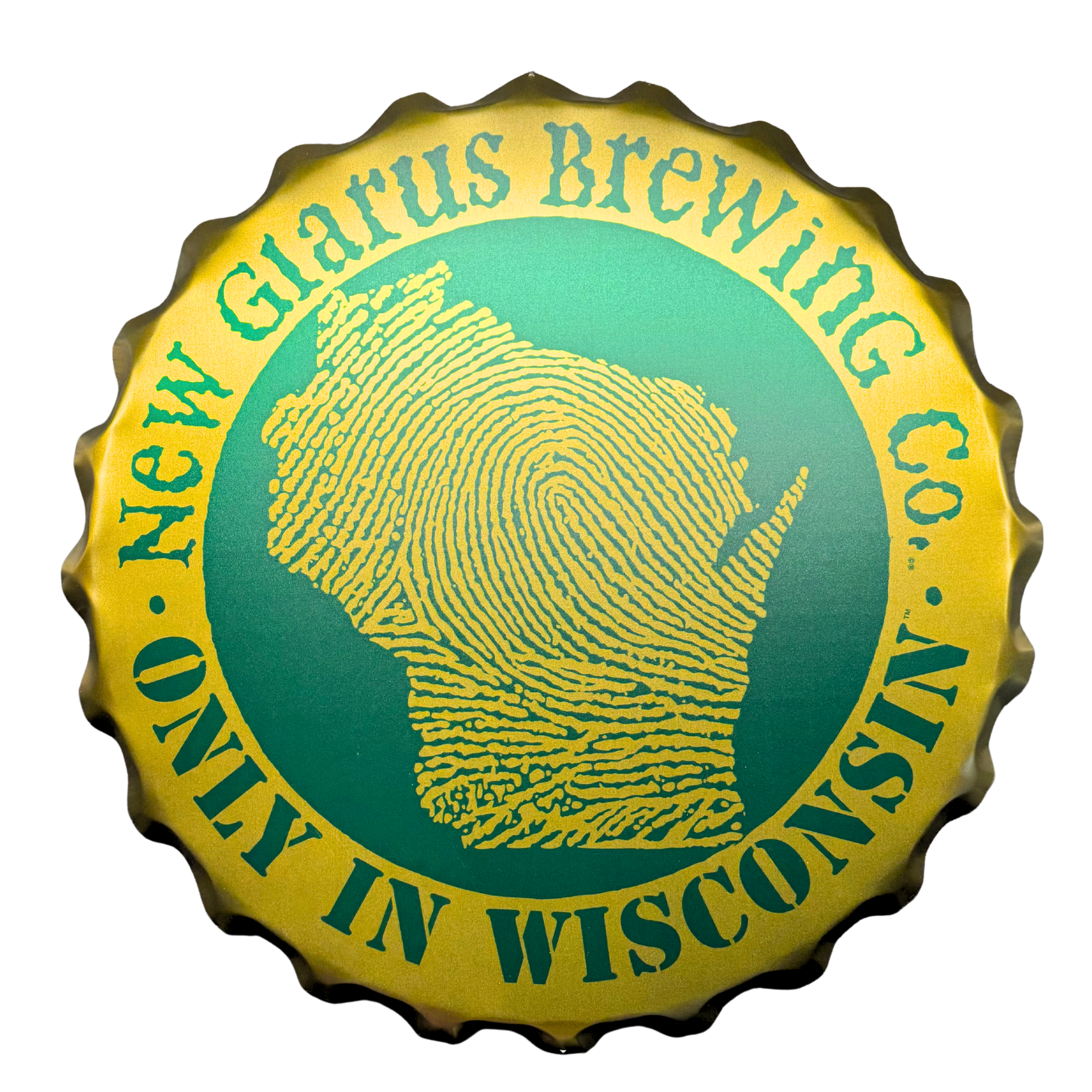 Gold Bottle cap tacker with New Glarus Brewing Co, and Only in Wisconsin logo in green, with the state of Wisconsin in the center.