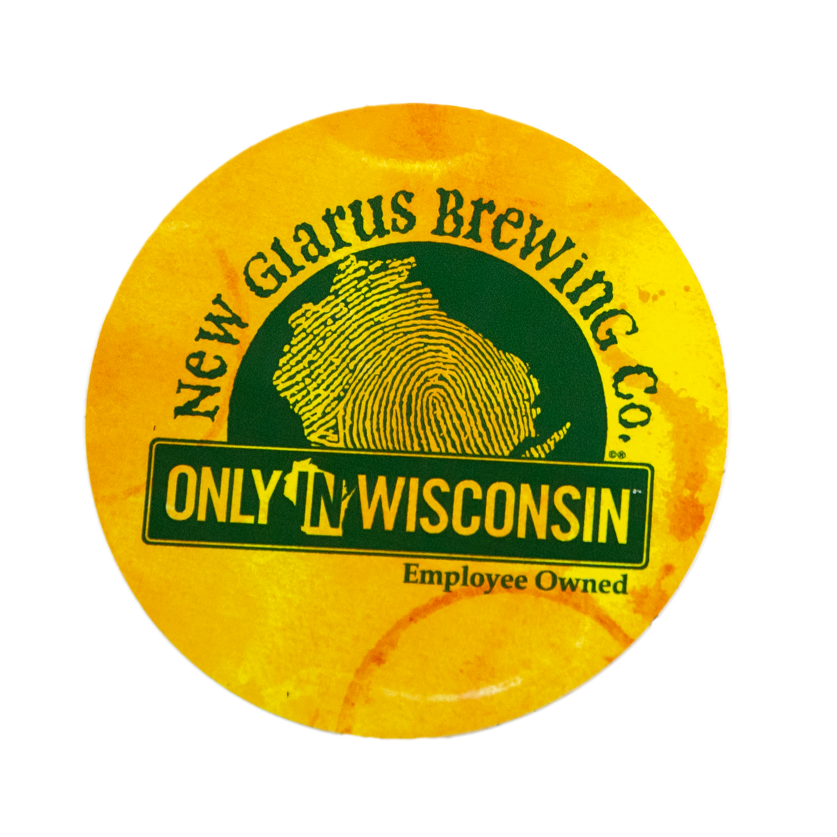 Round yellow magnet with New Glarus Brewing Co. Only in Wisconsin logo