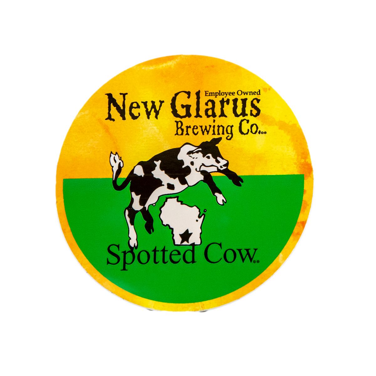 Round yellow magnet with New Glarus Brewing Co. Spotted Cow logo