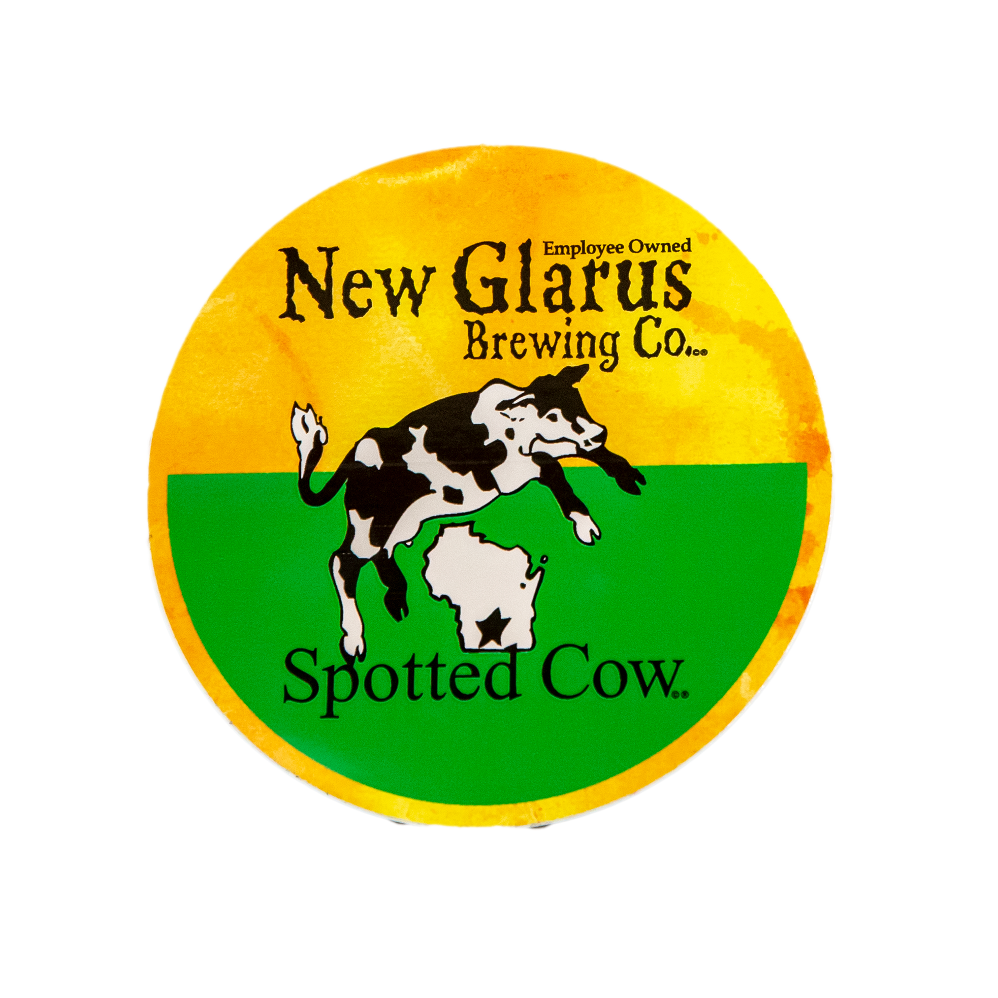 Round yellow sticker with New Glarus Brewing Co. Spotted Cow logo