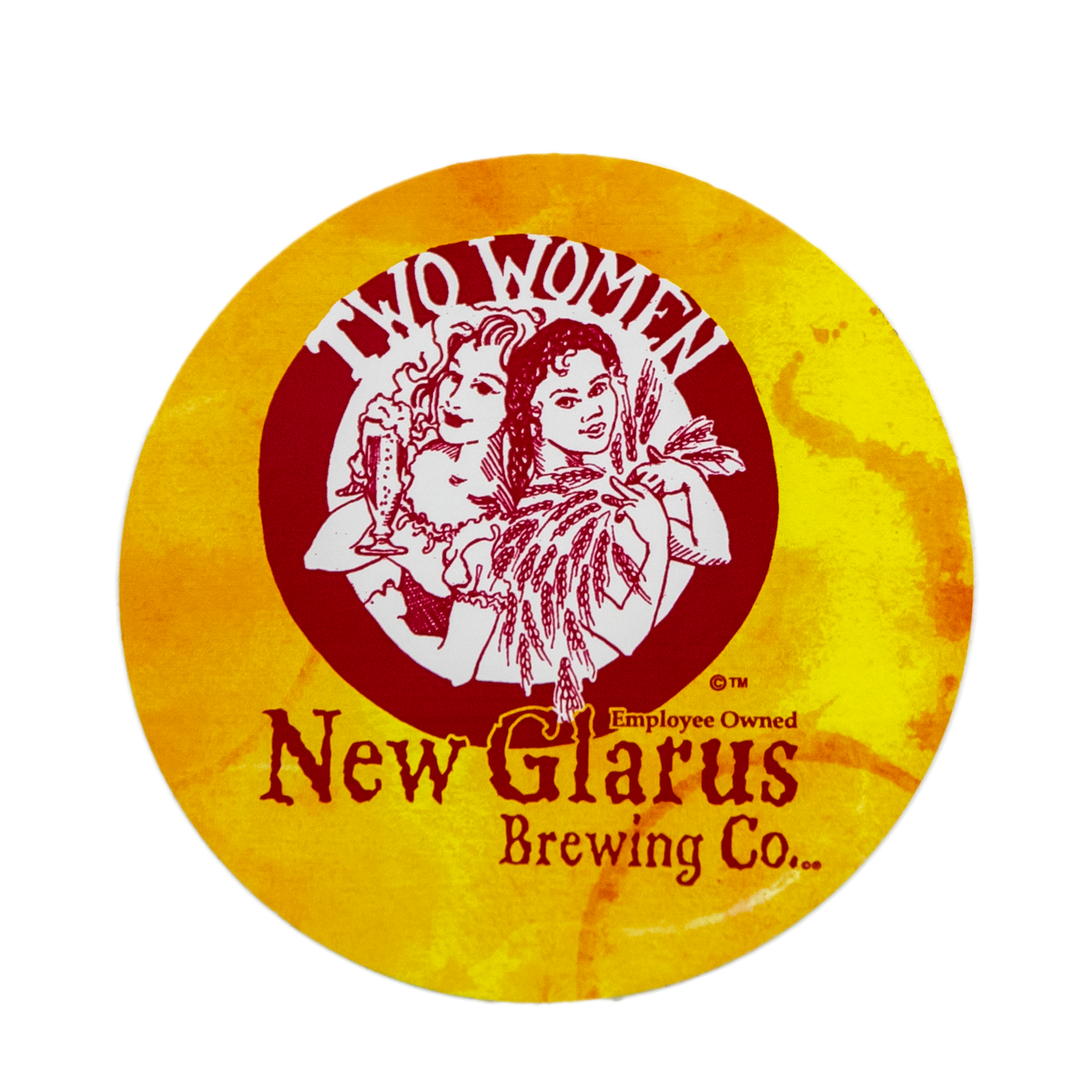 Round yellow sticker with New Glarus Brewing Co. Two Women logo