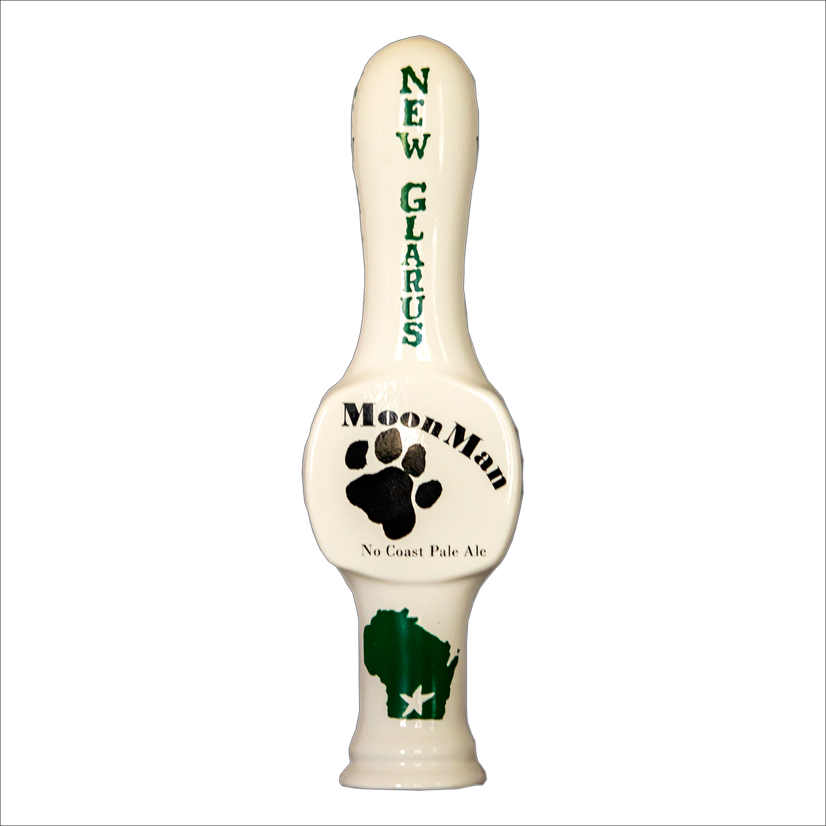 White tap handle with New Glarus written vertically at the top and the Moon Man No Coast Pale Ale logo in black with green states of Wisconsin around the bottom.
