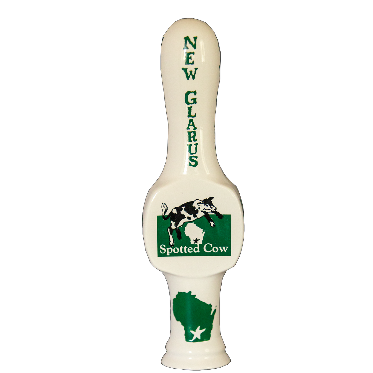 White tap handle with New Glarus written vertically at the top and the Spotted Cow logo in green and black on both sides.