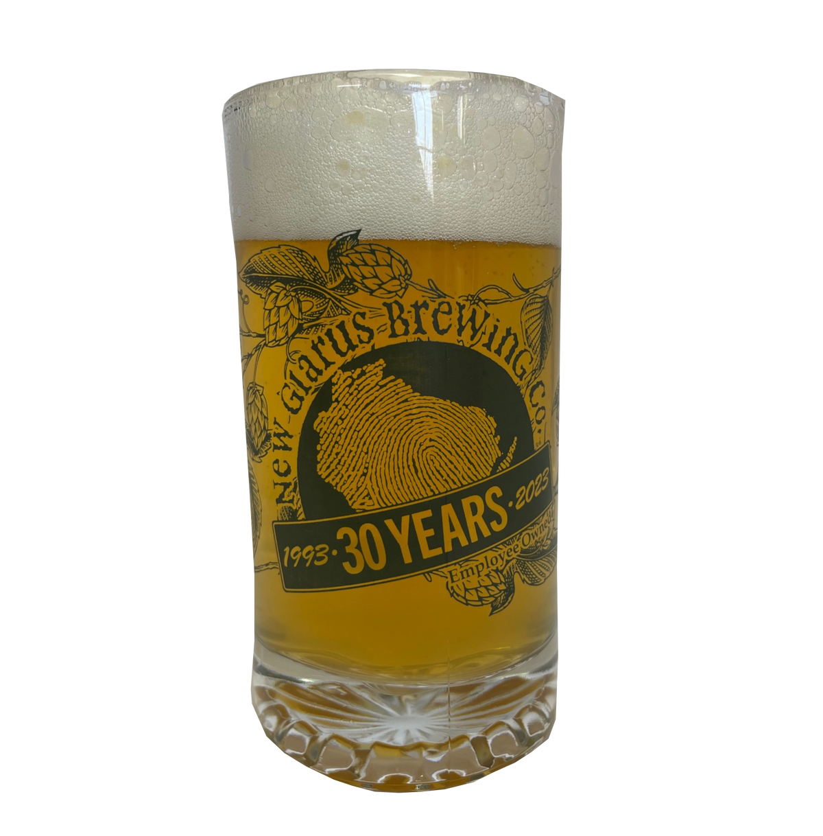 Clear glass handled stein the New Glarus Brewing Co. 1993 - 30 Years - 2023 with hop design in dark green ink