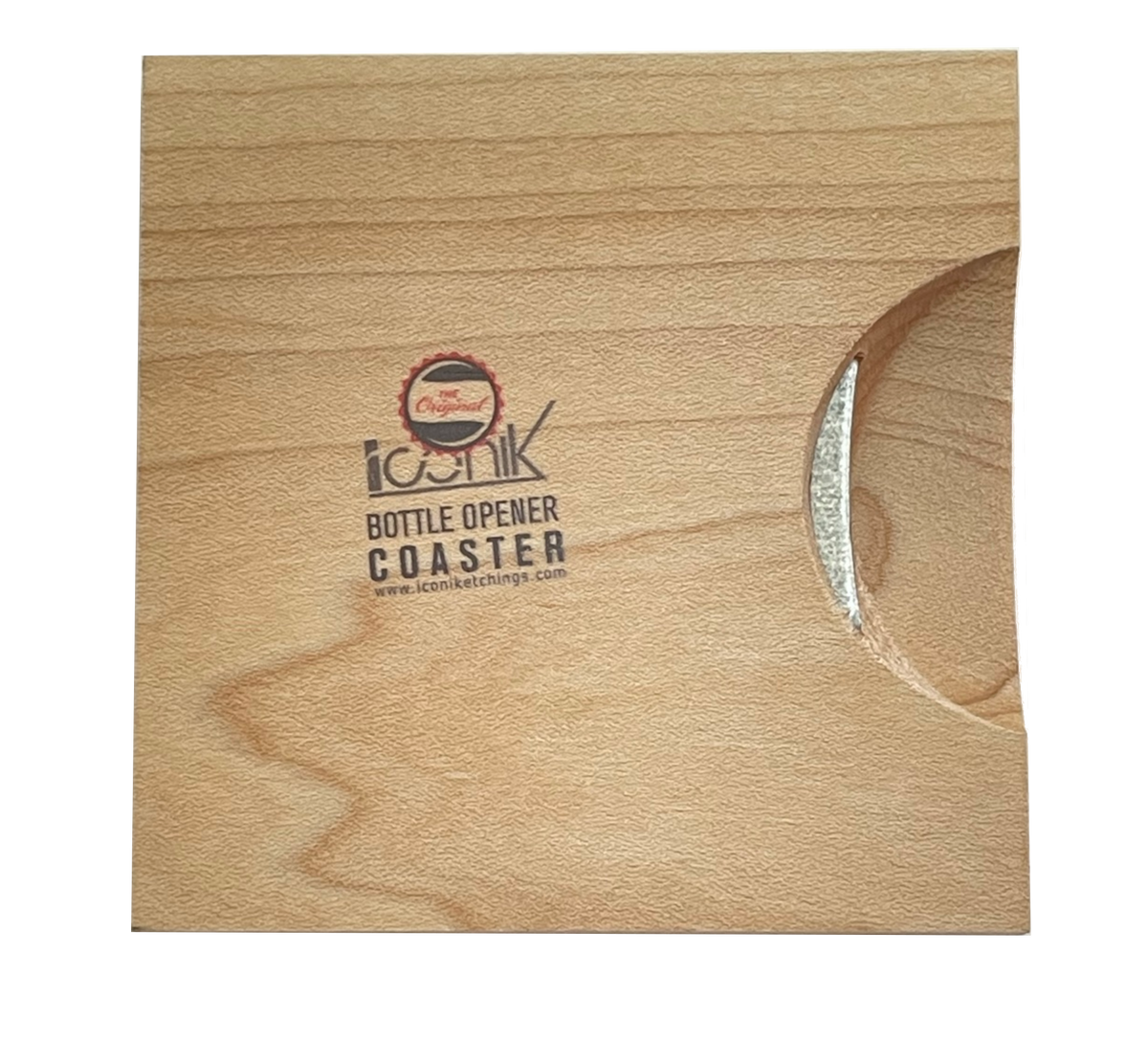 Back of square wooden coaster with bottle opener