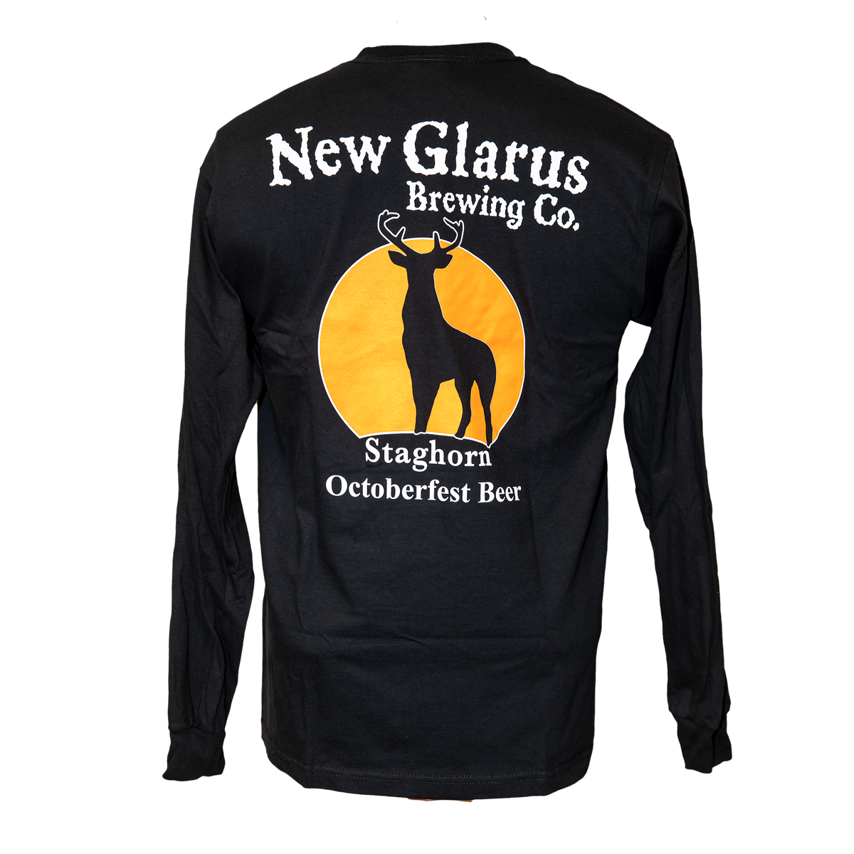 Long sleeve black Hammer Tee, with New Glarus Brewing Co.  logo on left front in white. On back Staghorn Octoberfest logo in yellow and black, with white lettering 