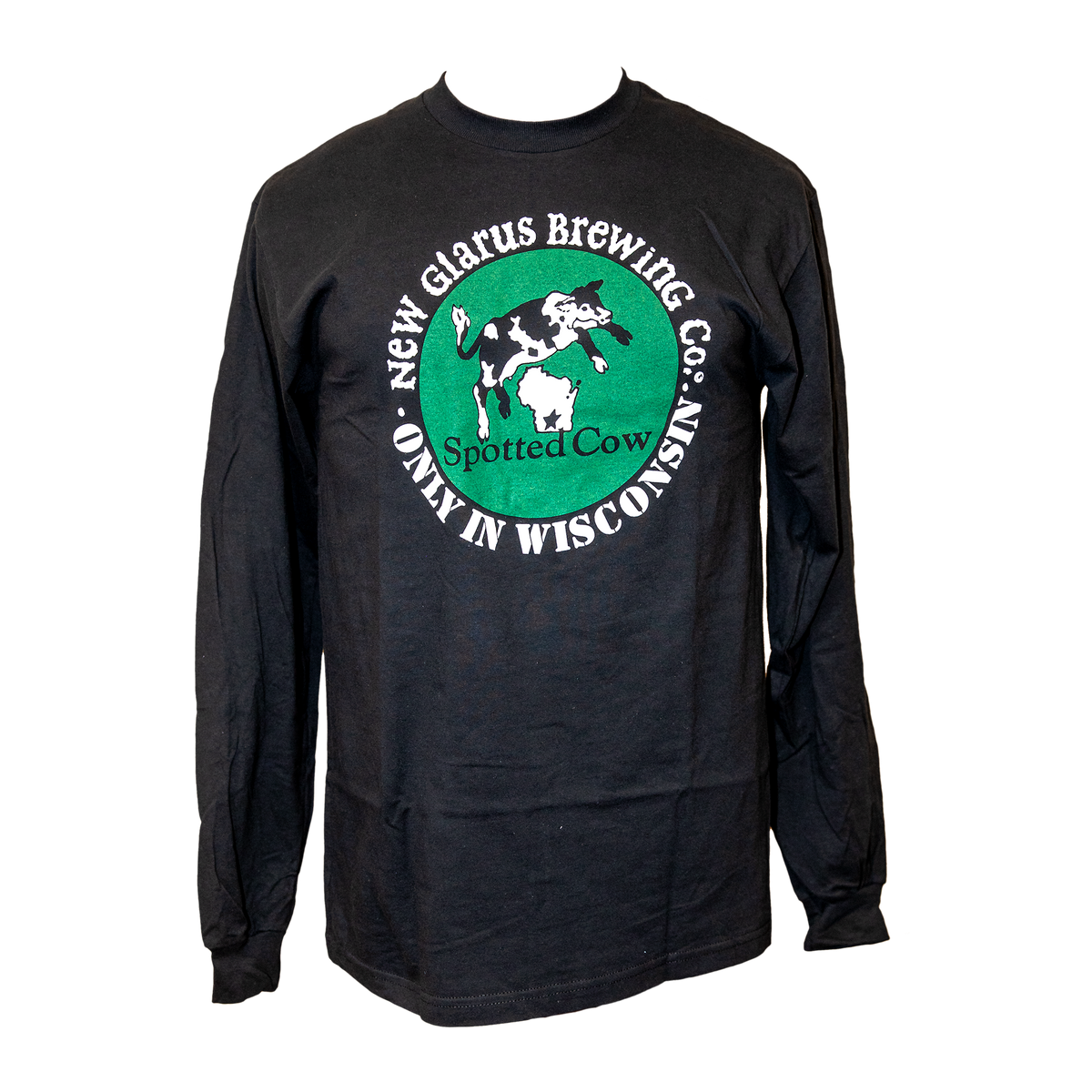 Long sleeve black hammer T, with New Glarus Brewing Co. Only in Wisconsin logo in white. And the Spotted Cow circle logo on front.