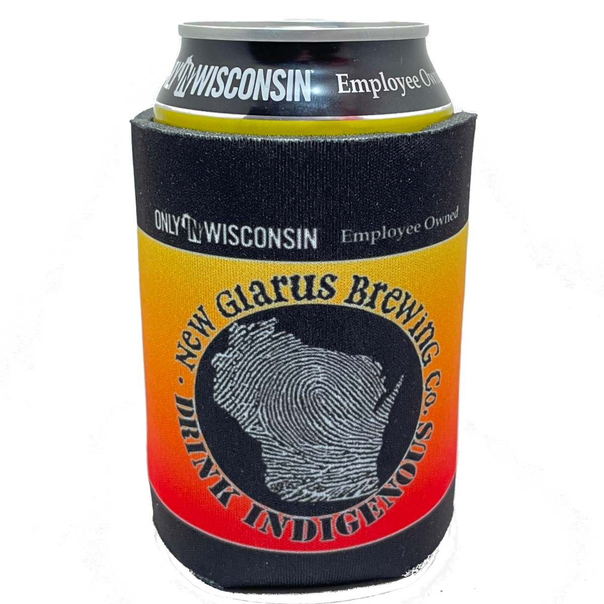 Back of can coozie  showing our New Glarus Brewing Co. Drink Indigenous  state of Wisconsin logo.