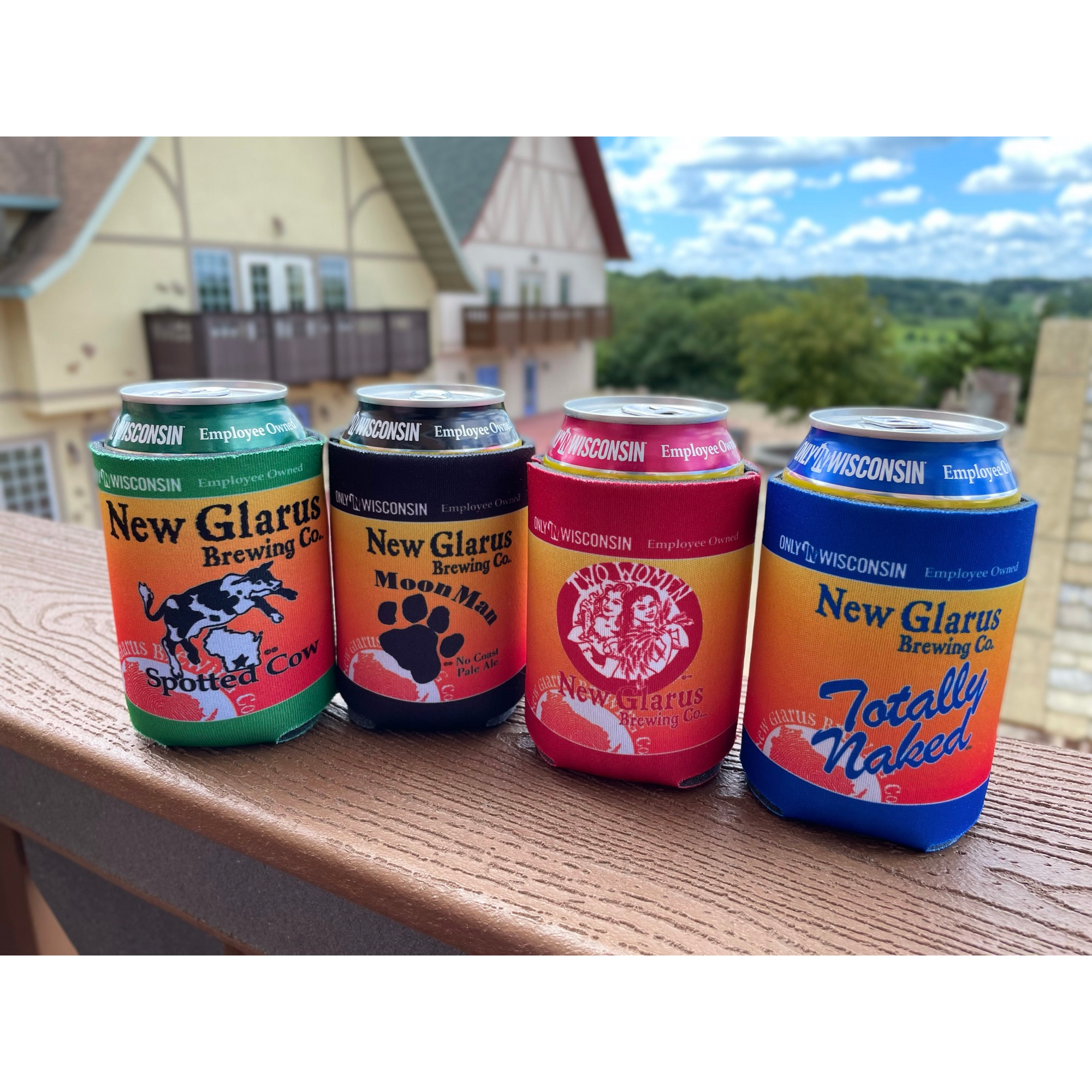 All four brands of can coozies overlooking the brewery courtyard.