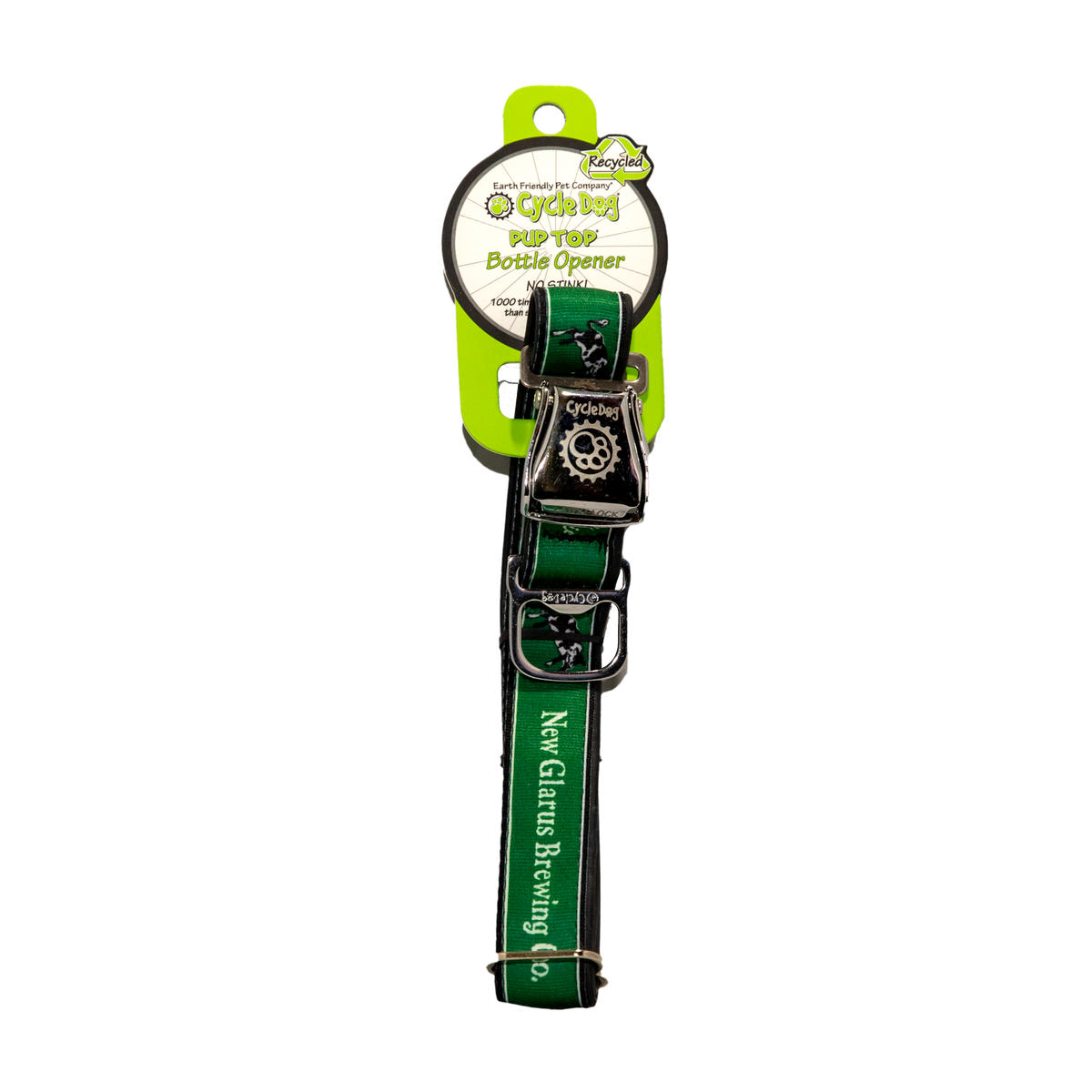 Green dog collar with bottle opener with New Glarus Brewing Co. in white along with our Spotted Cow logo.