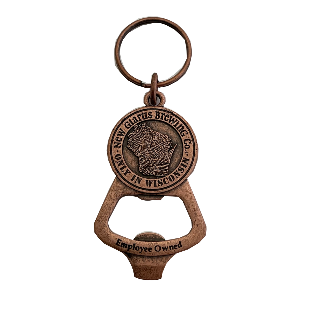 Copper colored keychain opener with the New Glarus Brewing Co. Only in Wisconsin circle logo surrounding the state of Wisconsin.